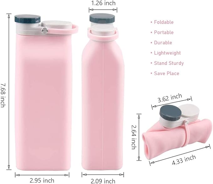 E-Senior Collapsible Water Bottle BPA Free - 20 oz Foldable Water Bottle for Travel Sports Bottles with Triple Leak Proof Lightweight (Pink)