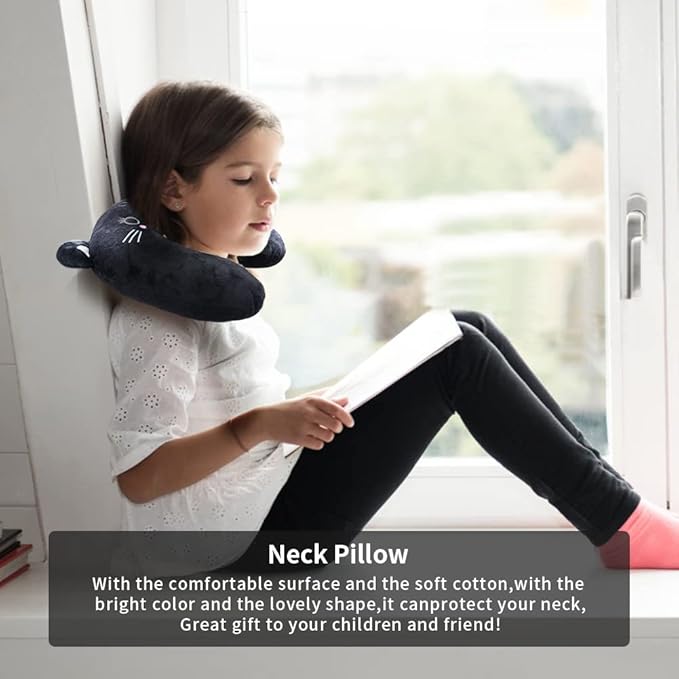 EKDJKK Travel Pillow for Kids, Cute Animal Neck Pillow Support U Shaped Cushion Plush Soft Rest Reading Pillow Sleeping Pillow for Airplane Train Car (Black Cat)