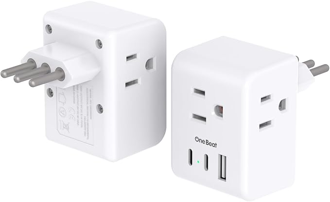 2 Pack Italy Travel Plug Adapter, Type L Italy Power Adapter with 3 Outlets 3 USB Ports(2 USB C), 6 in 1 Travel Outlet Adaptor, 3 Prong Grounded Plug for USA to Italy Chile Uruguay Italian