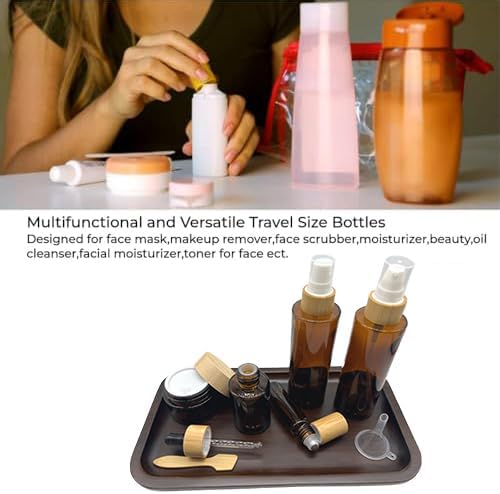 Empty Refillable Brown Glass Cosmetic Containers with Bamboo Cover - 5 Pack, Spray Bottle, Lotion Pump, Dropper, Roller Bottle, Cream Jar - Tray Included