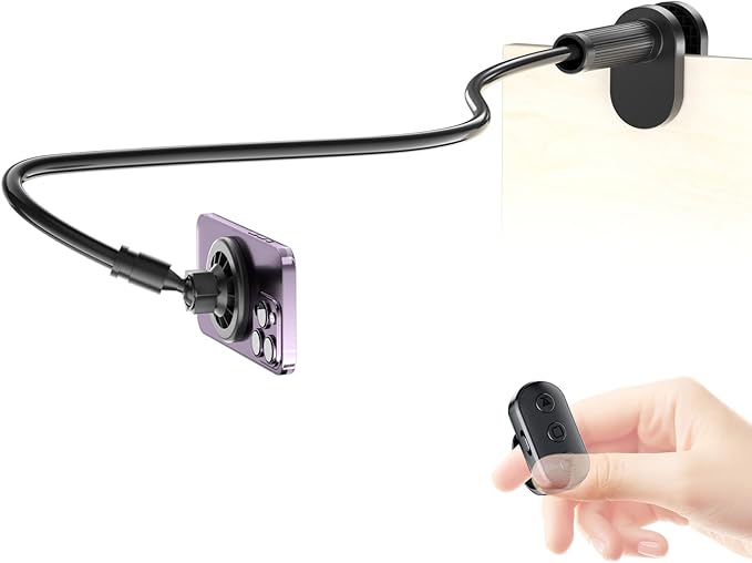 Magnetic Phone Holder for Bed Laying Down with Scrolling Ring Remote Page Turner, Bedside Gooseneck Phone Stand for iPhone Reading, Flexible Mount with Clicker for iPhone/Tiktok/Short Video