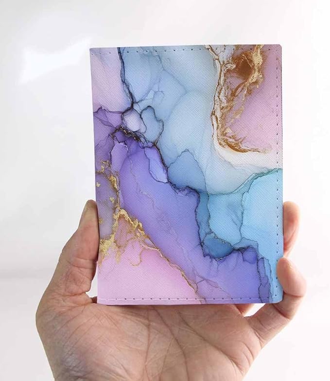Marble Texture Passport Holder for Travel Pink and Purple Marble PU Leather Passport Cover Wallet Cute Passport Card Holder for Women and Men