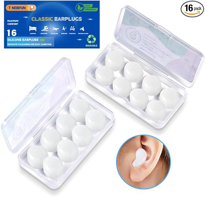 Silicone Ear Plugs for Sleeping Swimming,Reusable Moldable Noise Cancelling Earplugs for Shooting Range, Swimmers, Snoring, Airplanes, Travel, Work, Studying, (16-Pillows) (White, Medium)