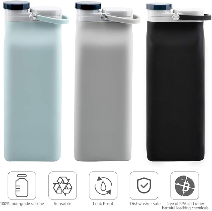 E-Senior Collapsible Water Bottle BPA Free - 20 oz Foldable Water Bottle for Travel Sports Bottles with Triple Leak Proof Lightweight (Black)