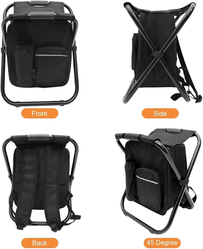 Portable Folding Camping Stool, Backpack with Cooler Bag, Hiking Seat, Outdoor Fishing Hunting Gifts, Black