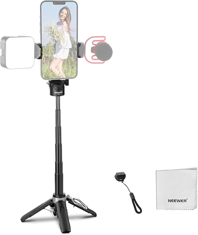 NEEWER Selfie Stick Tripod for iPhone, Lightweight Foldable Mini Travel 360° Desk Stand with Cell Phone Holder Cold Shoe for Video Recording Vlog Streaming, Remote Shutter & Cleaning Cloth, P15 Black