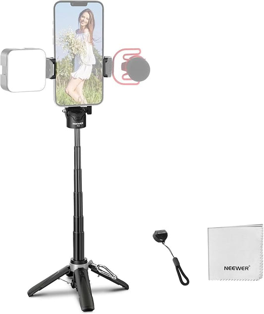 NEEWER Selfie Stick Tripod for iPhone, Lightweight Foldable Mini Travel 360° Desk Stand with Cell Phone Holder Cold Shoe for Video Recording Vlog Streaming, Remote Shutter & Cleaning Cloth, P15 Black