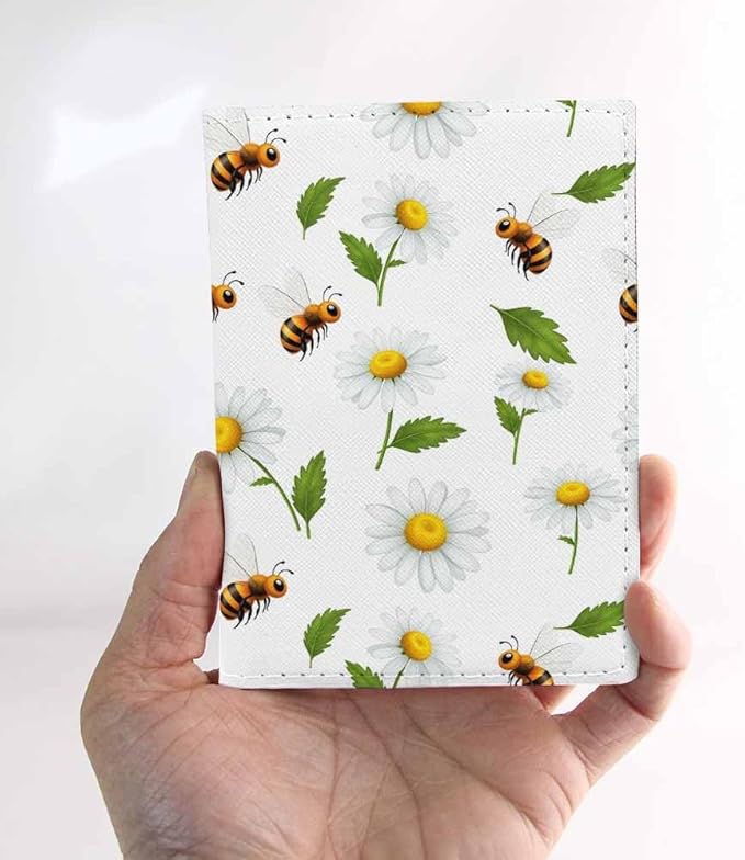 Bees and Flowers Passport Holder for Travel White Camomile Daisies Honey PU Leather Passport Cover Wallet Cute Passport Card Holder for Women and Men
