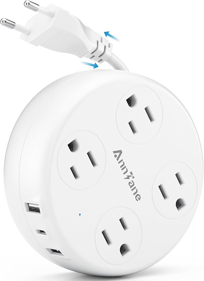 European Travel Plug Adapter - Retractable Power Strip with 4 AC Outlets & 3 USB Ports (USB-C), Type C Adapter for US to Most of Europe Iceland Spain Italy France Germany and More (White)