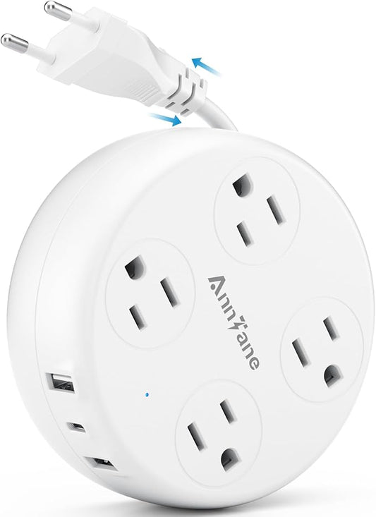 European Travel Plug Adapter - Retractable Power Strip with 4 AC Outlets & 3 USB Ports (USB-C), Type C Adapter for US to Most of Europe Iceland Spain Italy France Germany and More (White)