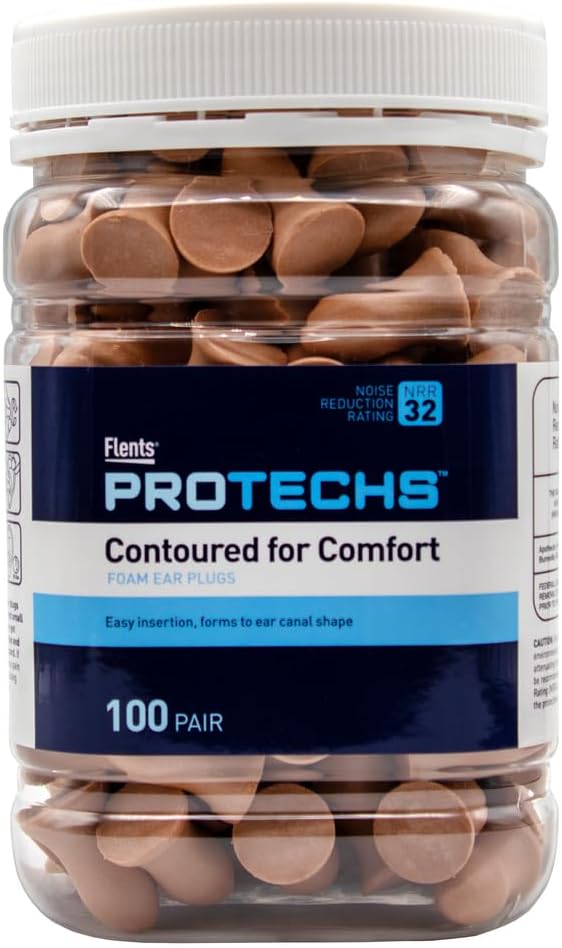 Flents Protechs Foam Ear Plugs, Contoured for Comfort, Ideal for Work with Loud Noise, Heavy Machinery, Construction, Studying & Traveling, NRR 32, Beige, Easy to Use, Made in The USA, 100 Pair