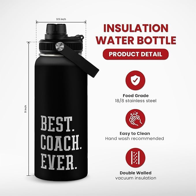 Sport Coach Insulated Engraved Stainless Steel Water Bottle 32oz, Best Coach Ever, Vacuum Chug Lid Travel Tumbler For Men Friends Coaches, Gift for Birthday Christmas