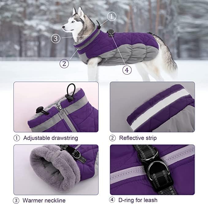 Lelepet Dog Coat Warm Dog Winter Coat Waterproof Dogs Jacket with Harness Built in Reflective Pet Fleece Vest Zip-Up Cold Weather Coats for Small Dogs Turtleneck & Windproof Coats Chihuahua Purple XS