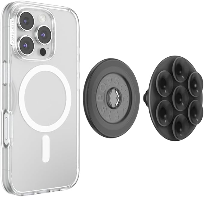 PopSockets Suck-Up™ Suction Grip & Stand, 3-in-1 MagSafe Phone Mount for iPhone, Strong Hold on Mirrors & Glass, Swappable Top, Portable & Reusable - Translucent Black