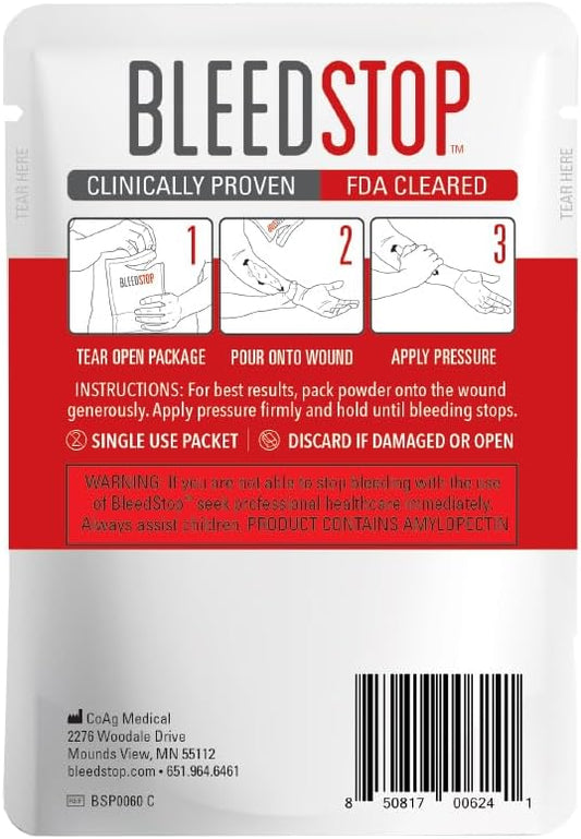 BleedStop™ First Aid Powder for Blood Clotting, Trauma Kit, Blood Thinner Patients, Camping Safety, and Survival Equipment for Moderate to Severe Bleeding Wounds or Nosebleeds - 1 (60g) Pouch