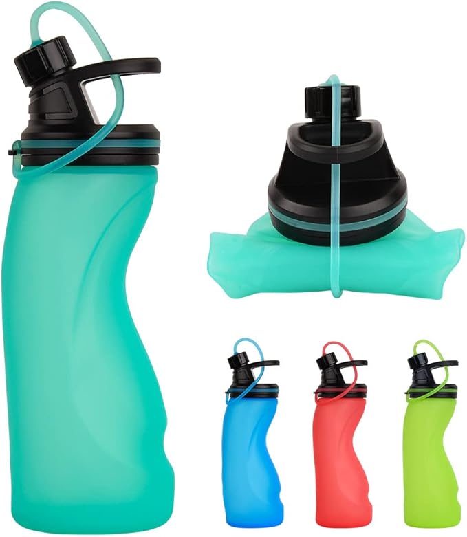 E-Senior Collapsible Water Bottle BPA Free - Foldable Water Bottle for Travel Sports Bottles with Triple Leak Proof Lightweight 17oz (Upgraded Aqua Blue)