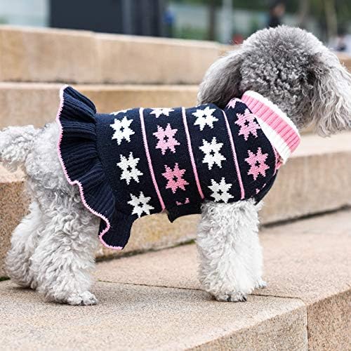KYEESE Dog Sweater Fall Winter Dog Clothes Warm Pet Coats Pullover for Girl Pet Sweater Dress with Leash Hole Turtleneck with Classic Snowflake Pattern for Small Dogs, Girl Navyblue, Small