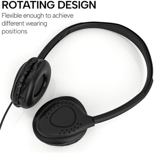 Maeline Kids Headphones for School Classroom K-12, Library, Museum, Travel, On Ear Stereo Headset with Adjustable Band & Faux Leather Cushions - 3.5mm Plug - 50 Pack - Black