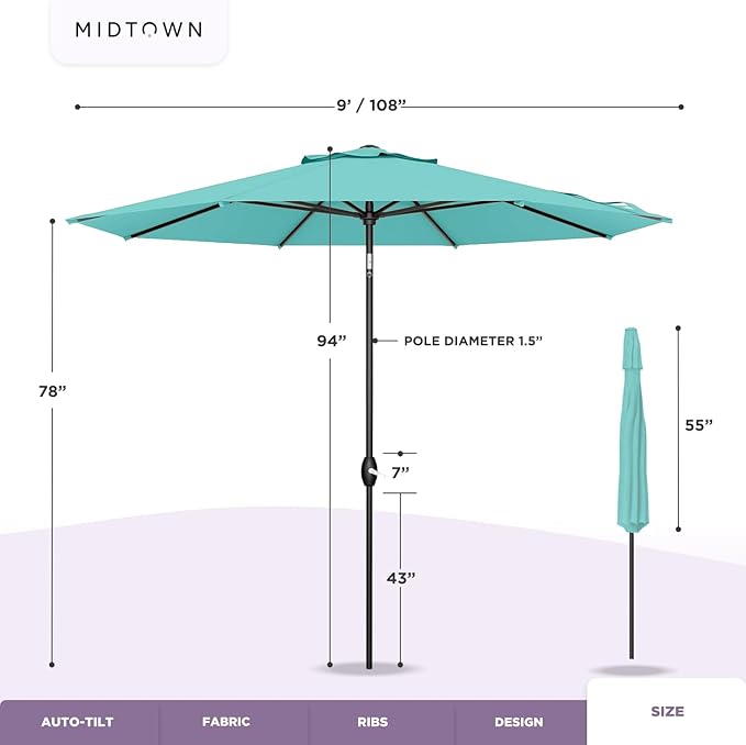 Midtown Umbrellas 10-Year-No-Fade - 9 Ft - UV Proof Dark Orange Polyester Fabric - Umbrella Outdoor Patio, Auto-Tilt Aluminum Frame Patio Umbrella for Garden, Pool & Deck - Black Pole