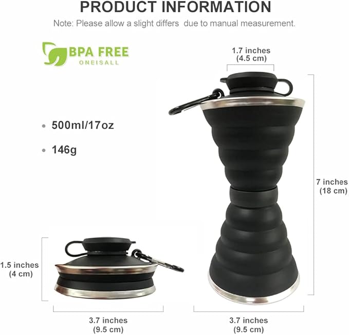 Collapsible Water Bottle, Camping Cup With Carabiner, Reuseable Silicone Foldable Leak Proof Portable Sports Travel Water Bottles For Outdoor, Travel Gym Hiking, BPA Free, Cycling Cups with Carabiner