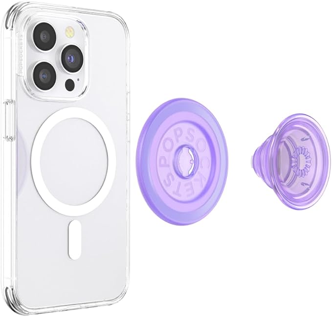 PopSockets Phone Grip for MagSafe with Kickstand, Magnetic Stand, Swappable Top, Secure Hold for iPhone MagSafe Cases, Phone & Tablet Grip - Lavender Translucent