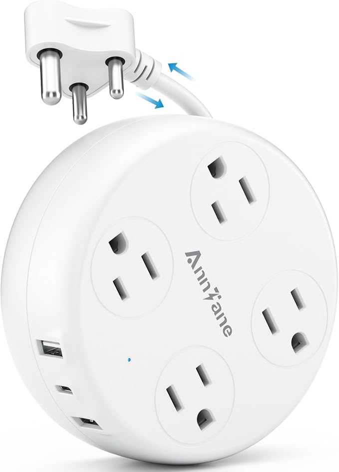 India Travel Adapter with USB C, US to India Plug Adapter with 4 Outlets 3 USB Ports, Type D Outlet Adapter for US to Bangladesh, India, Kuwait, Maldives (White)