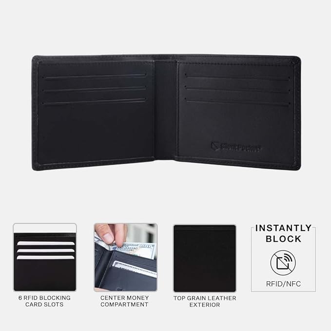 SLNT Napa Leather RFID & NFC Signal Blocking Bi-Fold Wallet - Secure Your Information, Prevent Hacking & Identity Theft - 6 Card Slots & Large Money Pocket - Slim Profile, Great for Travel (Jet Black)