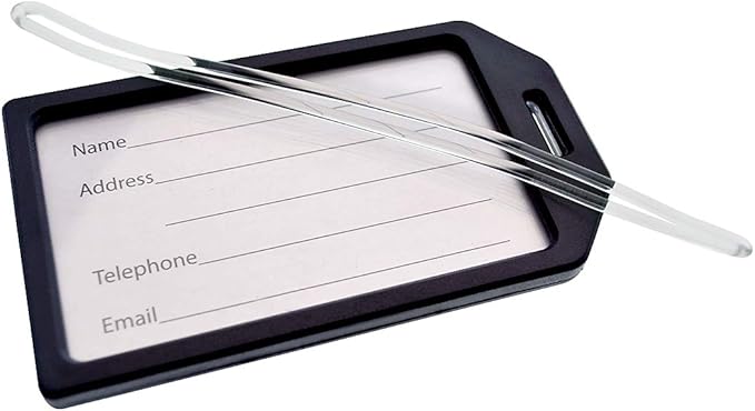 5 Pack - Premium Rigid Airline Luggage Tag Holders with 6" Worm Loops - Heavy Duty Hard Plastic -Suitcase ID Tag Identifiers with Business Card Insert Window by Specialist ID (Black)