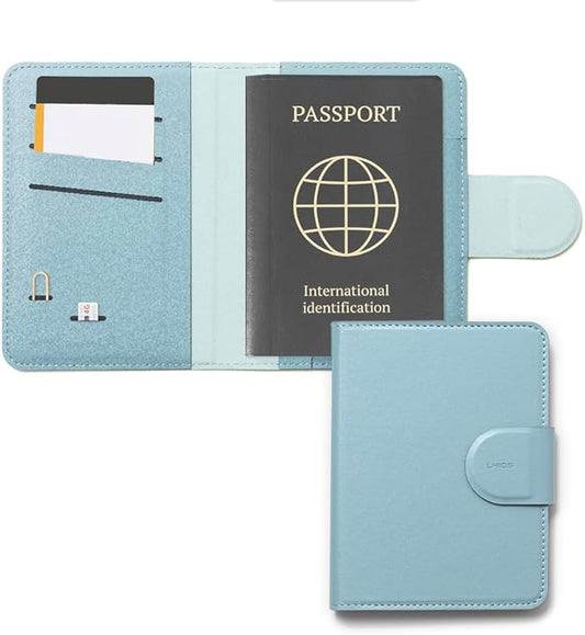 LHiDS Leatherette Passport Holder with RFID Protection, Premium PU Leather, Snap Button Closure, Travel Passport Wallet Cover for Passport, Boarding Passes, Business Cards, Cash (Water Blue)