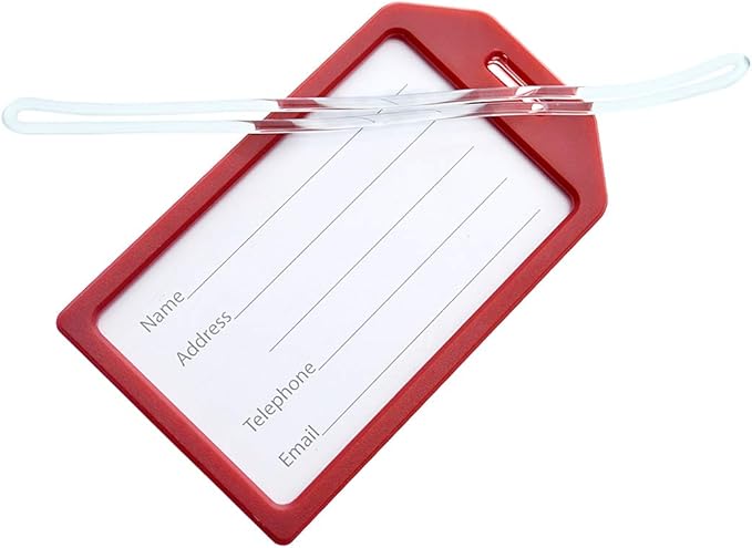 5 Pack - Premium Rigid Airline Luggage Tag Holders with 6" Worm Loops - Heavy Duty Hard Plastic -Suitcase ID Tag Identifiers with Business Card Insert Window by Specialist ID (Red)