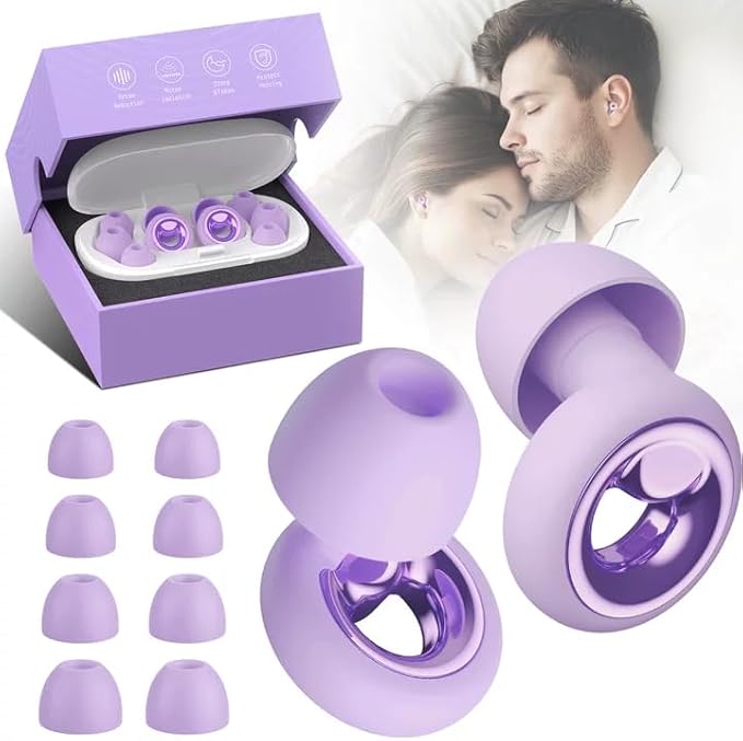Ear Plugs for Sleeping Noise Cancelling, Reusable Silicone Ear Plugs for Noise Reduction, Soft Hearing Protection with 8 Ear Tips for Concerts, Work, Snoring, and Travel (Purple)