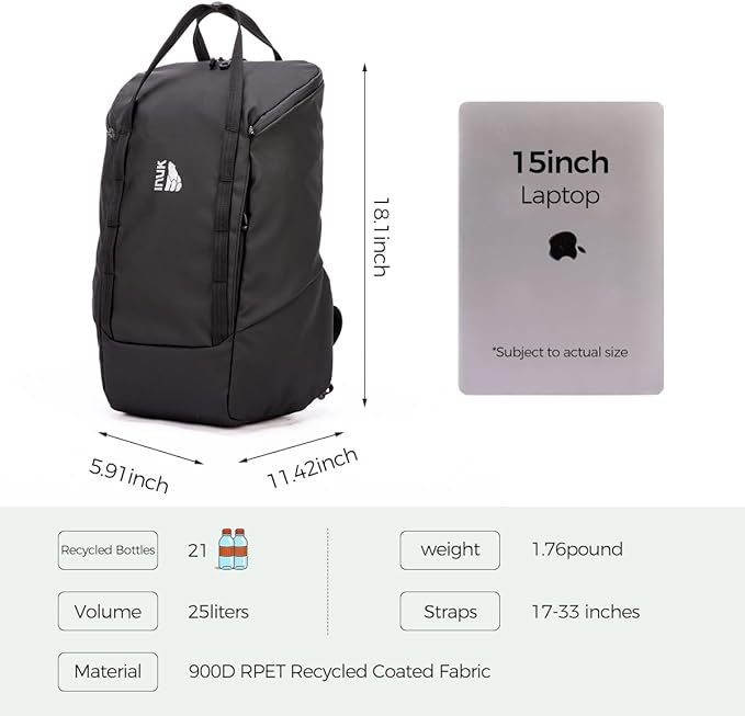 INUK Laptop Backpack for College Students & Work, 25L Lightweight Waterproof Backpack for Business Travel, Hiking Daypack with Padded Sleeve and Safety Whistle, Made from Recycled Materials，Black