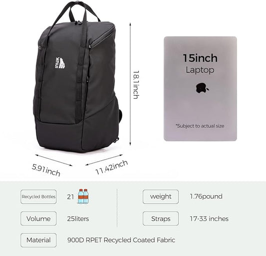 INUK Laptop Backpack for College Students & Work, 25L Lightweight Waterproof Backpack for Business Travel, Hiking Daypack with Padded Sleeve and Safety Whistle, Made from Recycled Materials，Black