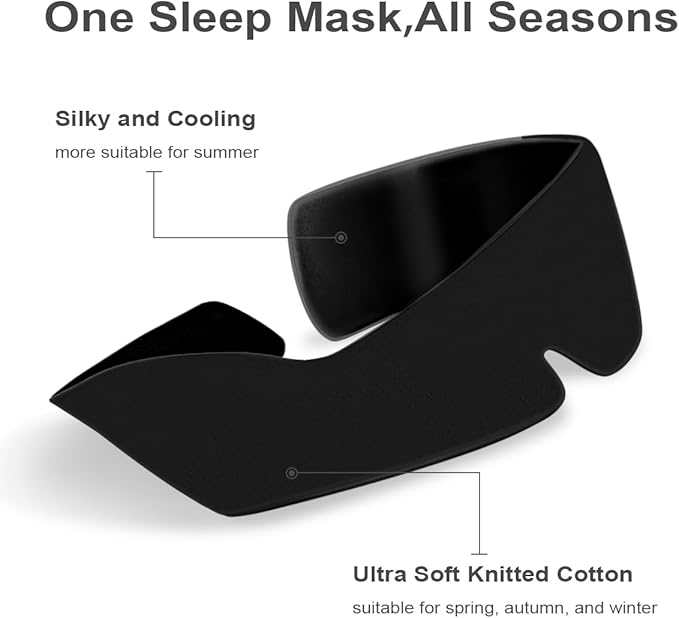 Sleep Mask for Adult Blackout: Reversible Dual-Sided Eye Mask with Adjustable Band - Soft Cotton and Silky Cooling Blindfold for Women Men Travel Nap Meditation （Black）