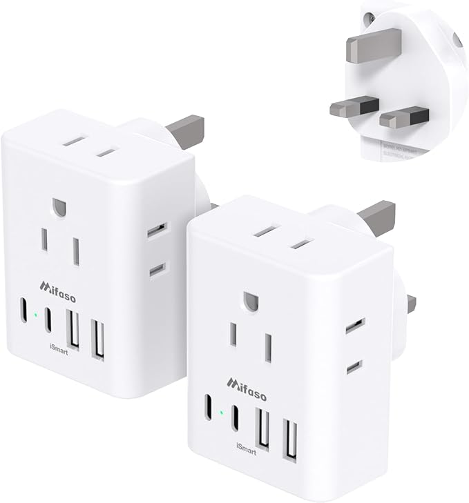 2 Pack US to UK Ireland Travel Plug Adapter, Type G Plug Adapter with 4 Outlets 4 USB Ports (2 USB C), UK Power Adapter for USA to London England Scotland British Kenya Qatar Hongkong