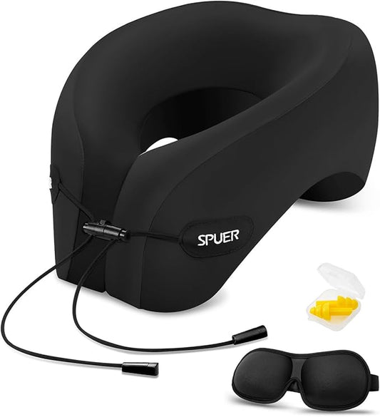 Ergonomic Memory Foam Travel Neck Pillow with Eye Mask & Earplugs – Comfortable Support for Flights, Cars, and Office Naps (Black)