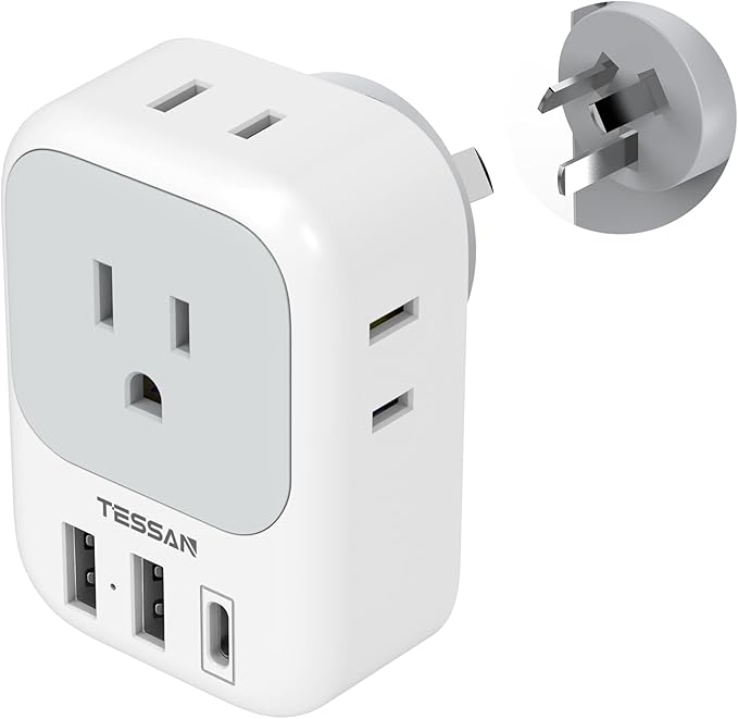 Australia New Zealand Power Adapter, TESSAN Type I Travel Adaptor with 4 American Outlets 3 USB Charger (1 USB C Port), Plug for US to Australian China Argentina Fiji Cook Islands AU