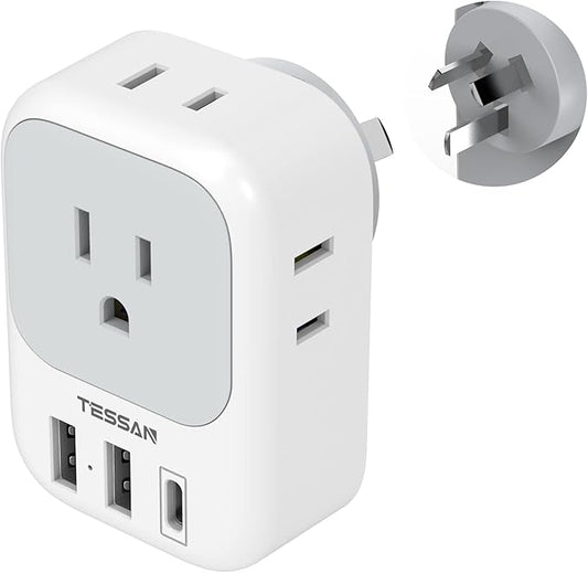 Australia New Zealand Power Adapter, TESSAN Type I Travel Adaptor with 4 American Outlets 3 USB Charger (1 USB C Port), Plug for US to Australian China Argentina Fiji Cook Islands AU