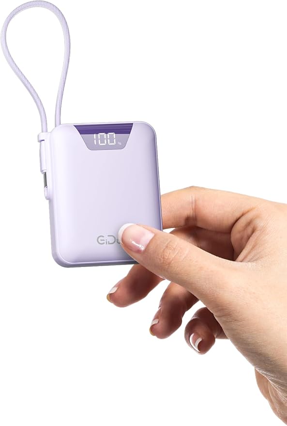 Mini Portable Charger, 10000mAh Ultra-Compact Power Bank, 22.5W PD Fast Charging, Tpye-C Built-in Cable, Small Size External Battery Pack for iPhone, Samsung, Android iPad (Purple)