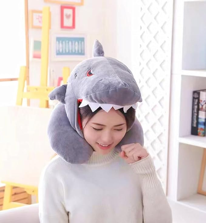 Cartoon Shark Animal Neck Pillow with Hood, U Shaped Soft Travel Airplane Neck Pillows, Office Neck Pillow, Anime Neck Pillows, Portable & Washable for Flights