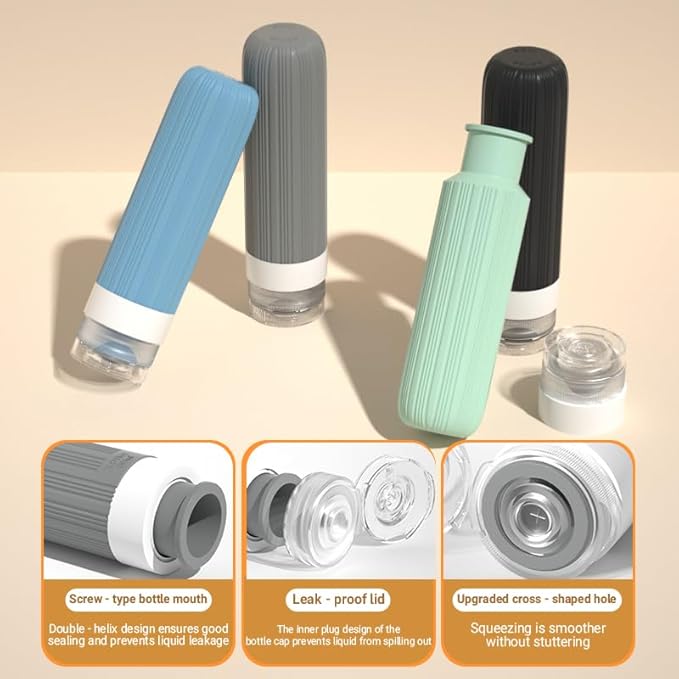 8-Piece Leakproof Travel Bottles and Jars Set – 4 Silicone Bottles + 4 Cream Jars with Clear Zipper Bag – TSA Approved Toiletry Containers – BPA-Free (Grey)