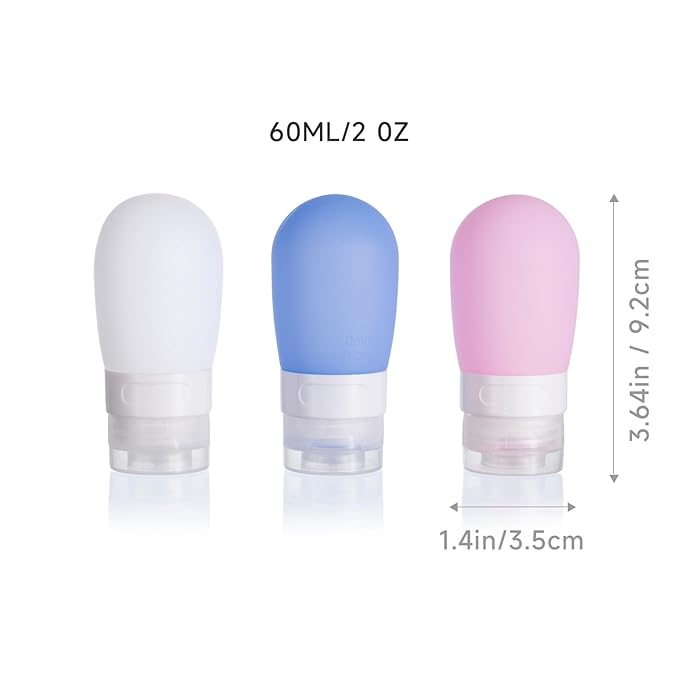 Leak Proof Squeezable Silicone Travel Bottles, Reusable, Refillable Bottles, Bulb Shape, Sustainable, TSA Carry On Approved Toiletries Containers, 3pcs (2oz/60ml)