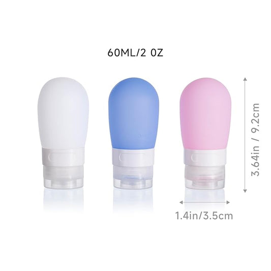 Leak Proof Squeezable Silicone Travel Bottles, Reusable, Refillable Bottles, Bulb Shape, Sustainable, TSA Carry On Approved Toiletries Containers, 3pcs (2oz/60ml)