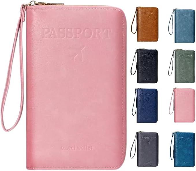 Multi-Functional RFID Passport Wallet,Travel Wallet for Men & Women,With zipper, anti-theft passport holder，Slim Leather Cover for Credit Cards, Tickets, Cash (Pink)
