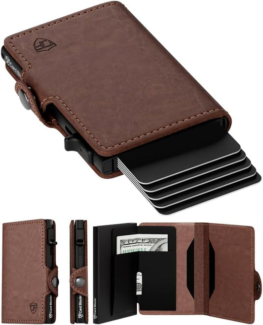 Conceal Plus Wallet for Men, Pop Up Wallet Credit Card Holder - RFID Blocking, Slim Minimalist Credit Card Case (Distressed Brown Genuine Leather)