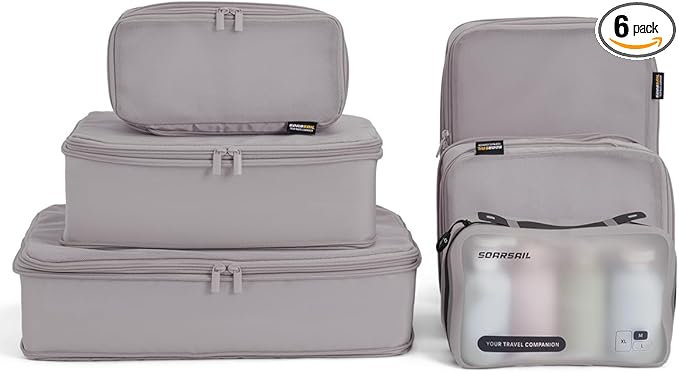 6 Set Compression Packing Cubes for Travel, Large Medium Small Luggage Organizers, Storage Bags for Clothes (6 Pack, Misty Silver)