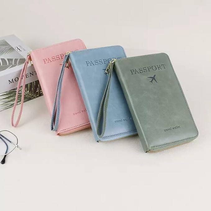 Multi-Functional RFID Passport Wallet,Travel Wallet for Men & Women,With zipper, anti-theft passport holder，Slim Leather Cover for Credit Cards, Tickets, Cash (Pink)