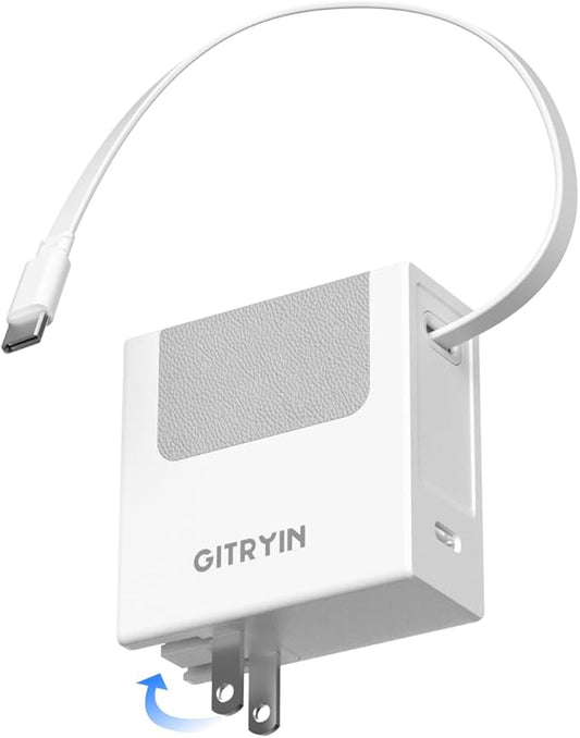 Gitryin Portable USB C Charger Block, Retractable Wall Charger, 40W PD Fast Charging Block with 33.5in Type-C Cable, Power Adapter with Foldable Plug for iPhone 16/15, Galaxy S23 22, White