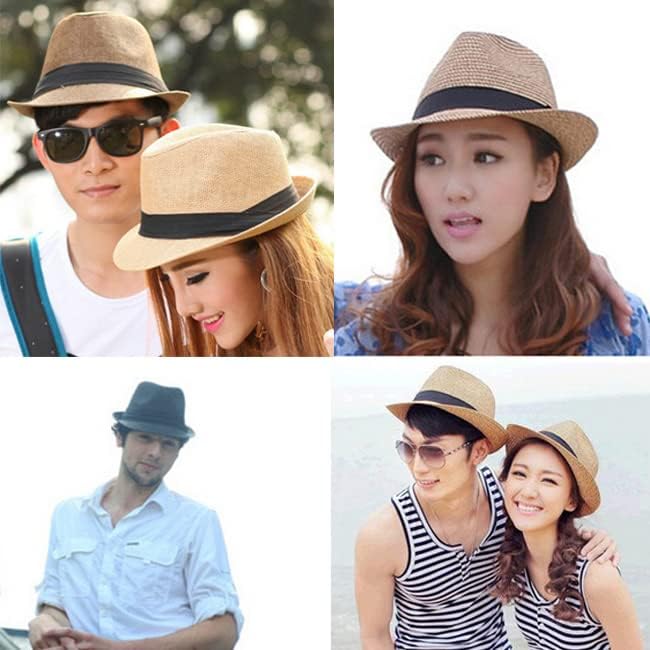 FALETO Unisex Summer Panama Straw Fedora Hat Short Brim Beach Sun Cap Classic