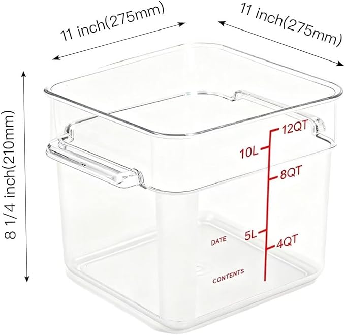 TSUBOR 4 Pack Food Storage Containers with Red Lids, 12.0 Qt - Square, Clear, Polycarbonate, for Restaurant Commercial Kitchen and Home party